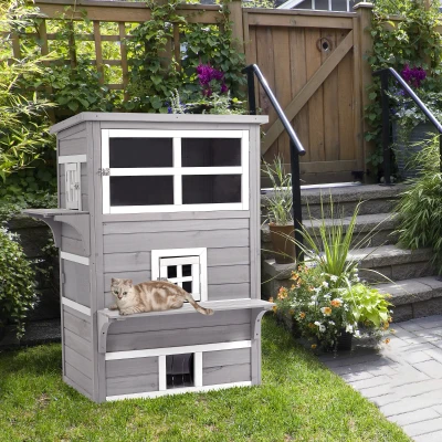 PawHut Caseta para Gatos de Madera Exterior Casa Grande para Gatos de 3 Pisos con Múltiples Entradas Ventanas y 2 Plataformas para Terraza Balcón Jardín 93,5x67x117 cm Gris
