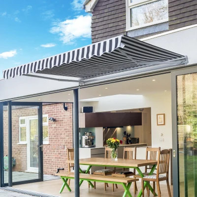 Outsunny Markise Gelenkarmmarkise Sonnenschutz mit Handkurbel 3,5 x 2,5 m Grau+Weiß Alu Polyester