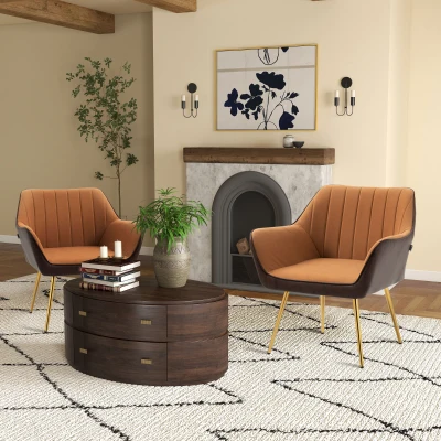 HOMCOM Velvet Armchairs Set of 2 with Steel Legs Light Brown