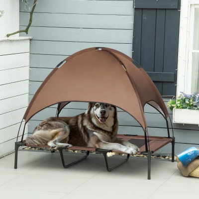 PawHut Erhöhtes Hundebett mit Baldachin, Haustierbett, Hundeliege outdoor mit Dach, Atmungsaktiv, Taftstoff für Camping Kaffee 122 x 92 x 108 cm