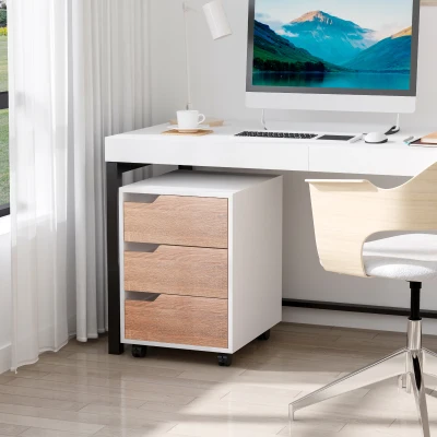 HOMCOM Rollcontainer, Aktenschrank, Bürocontainer mit 3 Schubladen, Büroschrank, Aufbewahrung, Container,4 Universalräder, MDF, Natur+Weiß, 40 x 50 x 57,5 cm