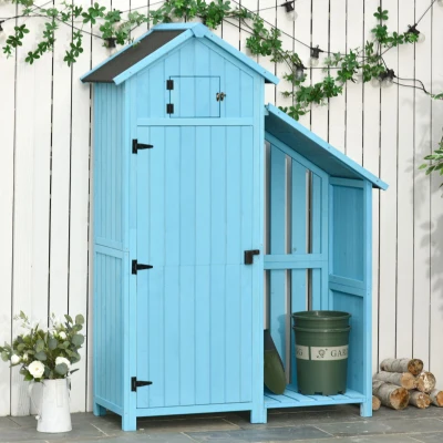 Outsunny Armoire abri de Jardin Remise pour Outils 3 étagères 2 Portes loquets + Range-bûches Toit Pente bitumé Bois Sapin traité Bleu
