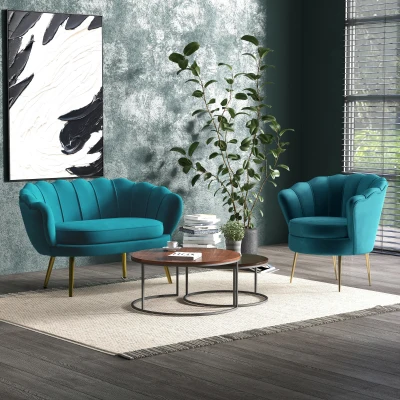 HOMCOM Canapé 2 Places Velours Bleu Pieds Dorés