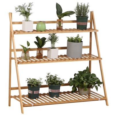 Outsunny Étagère à plantes étagère à fleurs en bambou pyramidale pliable 3 étagères 98 x 37 x 96,5 cm naturel