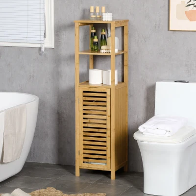 kleankin Armario Auxiliar de Baño de Bambú Estantería de Baño con 2 Estantes Abiertos y Puerta de Rejilla 32,9x29,9x120cm Natural