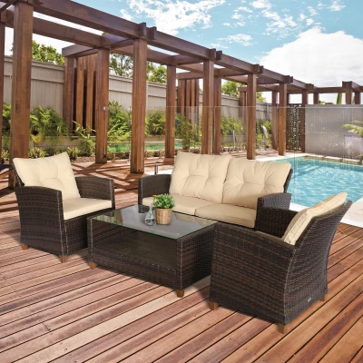 Outsunny Set mobili da giardino 124cm x 68cm x 76cm Rattan marrone, Cuscini beige