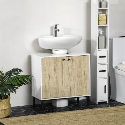 kleankin Meuble Lavabo Moderne Métal Blanc/Bois 60cm