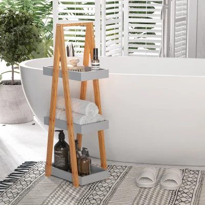 kleankin Estantería de Baño de Bambú con 3 Estantes Estantería de Madera en Forma de A 30x18x81 cm Natural y Gris