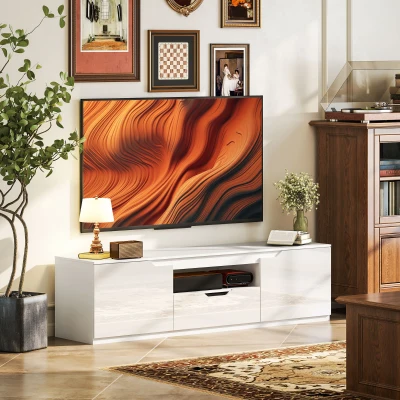 HOMCOM TV-Lowboard, Hochglanz, für Fernseher bis 65'', 3 Fächer, Schublade, 160 x 38 x 43 cm, Weiß