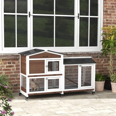 PawHut Wooden Two-Tier Pet Hutch with Wheels - Brown
