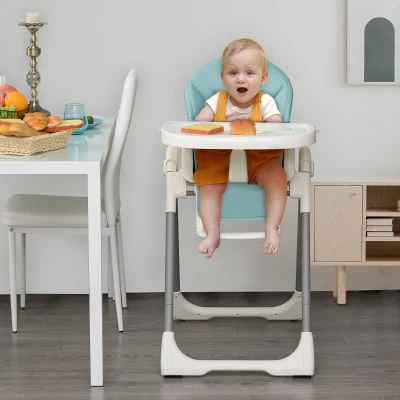 HOMCOM Trona para Bebé Evolutiva Ajustable y Plegable con Doble Bandeja Trona Portátil de +6 Meses Reclinable con 2 Ruedas y Frenos 55x80x104 cm Azul