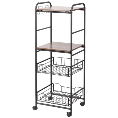 HOMCOM Carrito Auxiliar de Almacenaje con 2 Estantes 2 Cestas Extraíbles y 4 Ganchos 40x38x111 cm Nogal y Negro