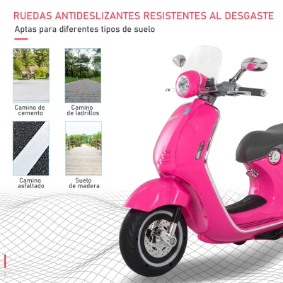 HOMCOM Moto de Batería Autorizada de VESPA con Faros Música 2 Ruedas Auxiliares 108x49x75 cm Rosa(m-7)