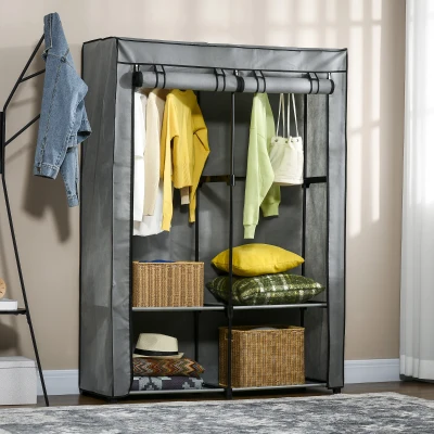 HOMCOM Fabric Wardrobe Steel Frame with Rail & Shelves - Grey