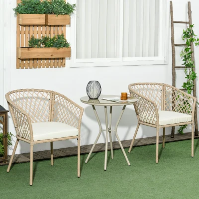 Outsunny Conjunto de Jardín de 3 Piezas de Ratán Sintético Set de 2 Sillas y 1 Mesa con Encimera de Cristal Caqui y Natural