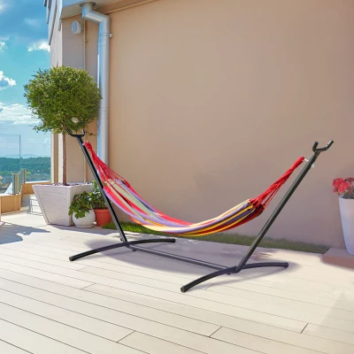 Outsunny Hängematte mit Gestell 200x150cm 6-stufig Höhenverstellbar Tragetasche für Terrasse Baumwolle Stahl Outdoor