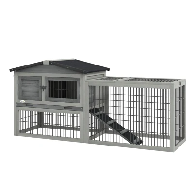 PawHut Conejera Exterior de Madera 150x52x68 cm Jaula para Conejos Grande con Techo Abatible Bandeja Extraíble y Rampa Gris(m-1)