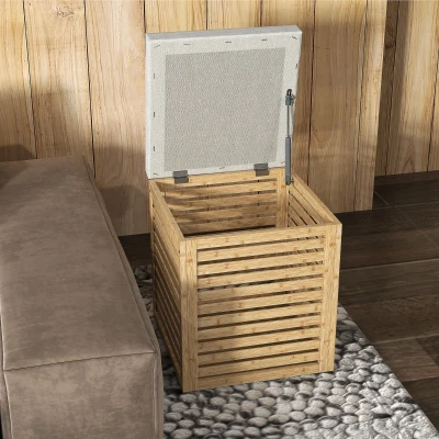 HOMCOM Baúl de Almacenaje para Dormitorio 54,7L con Asiento Desmontable Marco de Bambú 40x40x47 cm Gris y Natural