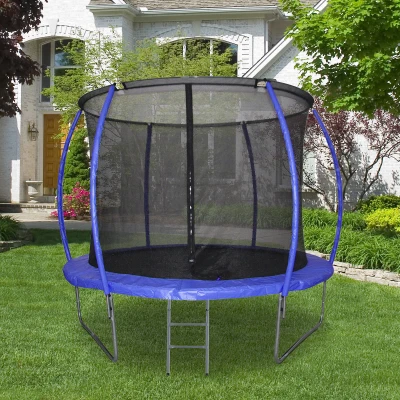 HOMCOM Cama Elástica Multifuncional Estable para Exterior e Interior Patio Gimnasio Trampolín Grande con Red Seguridad y Escalera Carga 100kg para Adultos y Niños Φ244x205 cm Azul