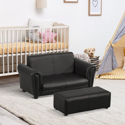 HOMCOM Kids Sofa Bed Twin Chair 2 Seater with Footstool Black