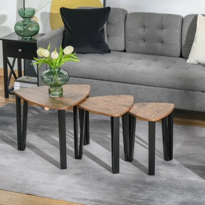 HOMCOM Nest of 3 Triangle Tables Metal Legs Walnut Wood Grain