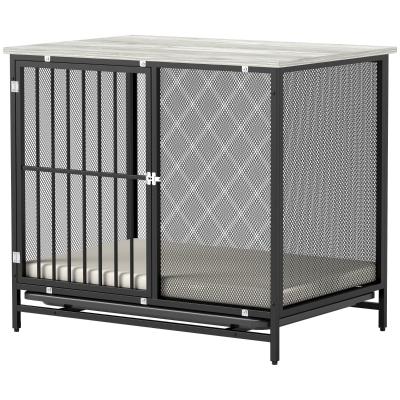 PawHut Hundebox mit gepolsterter Liegefläche, erhöhte Bodenwanne, verstellbare Füße, 80x55x71 cm, Eiche/Schwarz