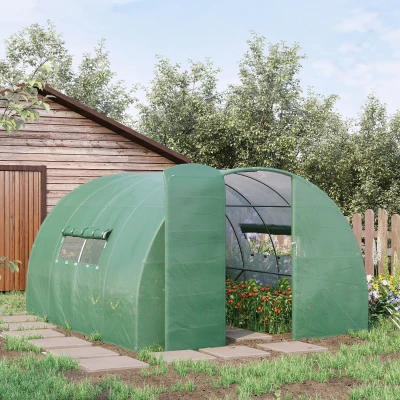 Outsunny Serre de Jardin Tunnel 12 m² 4L x 3l x 2H m Acier galvanisé renforcé + PE Haute densité fenêtres Porte Vert
