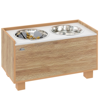PawHut Comedero Perro Elevado con Alimentador Lento Extraíble Comedero y Bebedero de Acero Inoxidable Roble