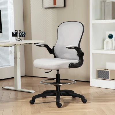 Vinsetto Silla de Dibujo Giratoria con Soporte Lumbar Reposapiés Ajustable y Reposabrazos Abatibles 59x65x102-122 cm Gris Claro