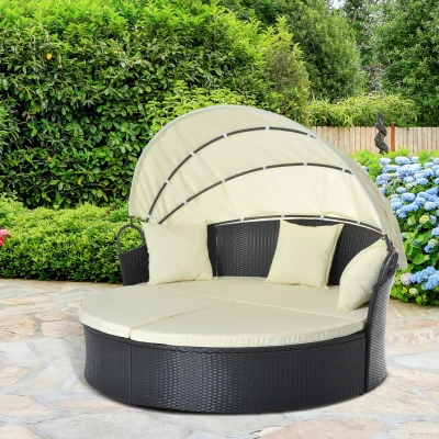 Outsunny Lit Canapé Jardin Modulable Pare-Soleil - Noir/Beige