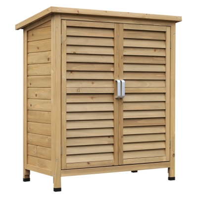 Outsunny Gartenschrank Holz Gerätehaus Geräteschuppen Geräteschrank Holzhütte Pultdach Bitumenpappe Lamellentüren Natur 87 x 46,5 x 96,5 cm