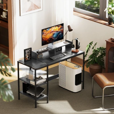 HOMCOM Mesa de Escritorio con Estantes Laterales Soporte para Monitor Ajustable y Estructura Móvil 120x48x85,5 cm Gris Carbón