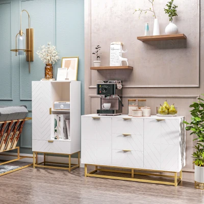 HOMCOM Buffet Blanc Métal Doré Design Moderne