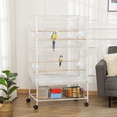 PawHut Jaula para Pájaros con Ruedas 78x52x132 cm con Bandeja Extraíble y Estante para Canarios Periquitos Blanco
