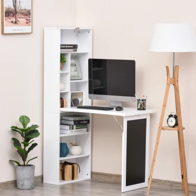 HOMCOM Escritorio Plegable con Estantería Mesa de Oficina con Pizarra y Múltiples Estantes Convertible con Baldas Ajustables 98x51x153 cm Blanco