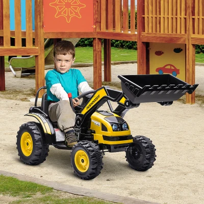 HOMCOM Kinder Elektrobagger Sitzbagger für Kinder Aufsitzbagger Geländewagen traktor elektrisch zum Fahren mit Musik Schaufel Armen 3–5 Jahre PP-Kunststoff Stahl Gelb 132 x 62 x 65 cm