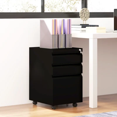 Vinsetto Lockable Mobile Filing Cabinet 3-Drawer Steel Black
