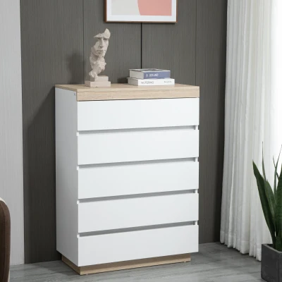 HOMCOM Cassettiera 5 Cassetti Minimal in Truciolato Bianco Rovere