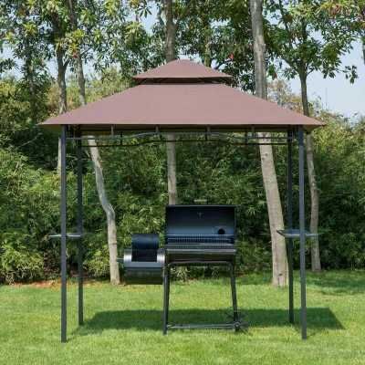 Outsunny Grillpavillon Gartenzelt Grill Pavillon Balkonpavillon mit Ablagen Flammhemmendes Doppeldach Kaffeebraun 245 x 148 x 252 cm