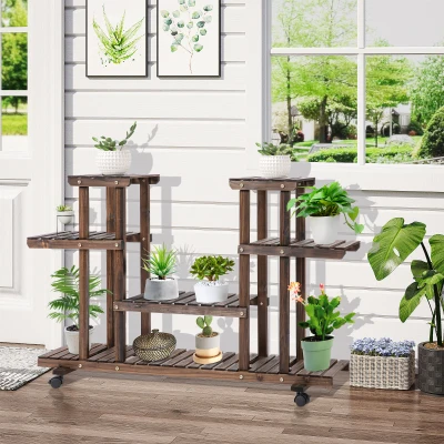 Outsunny Blumentreppe 6 Regale 4 Rollen 123,5 cm × 33 cm × 80 cm Massivholz Braun 123,5 cm × 33 cm × 80 cm
