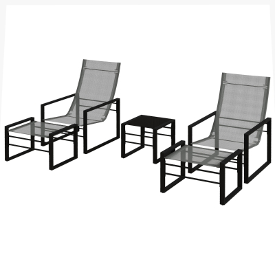 Outsunny Salon de jardin 5 pièces 2 places avec 2 fauteuils, 2 repose-pied et 1 table, métal noir, assise tissu mesh gris