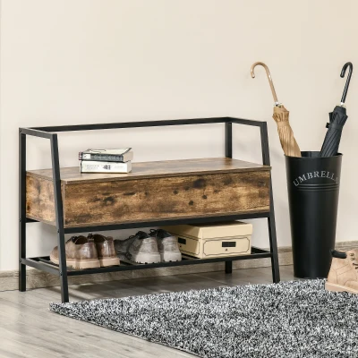 HOMCOM Schuhbank Sitzbank Sitztruhe mit 2 Ablagen Eingangsbereich großer Lagerraum Industriedesign Spanplatte Metall Rustikales Braun+Schwarz 90 x 37 x 60 cm
