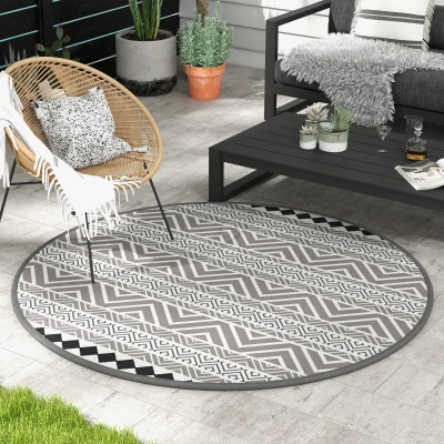 Outsunny Outdoorteppich Terrassenteppich, wetterbeständig, modernes Design,Ø180 cm, Schwarz + Weiß