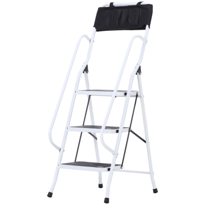 HOMCOM Escalera Plegable de 3 Peldaños Escalera de Tijera con Apoyabrazos y Portaherramientas 51x66x131 cm Blanco y Negro