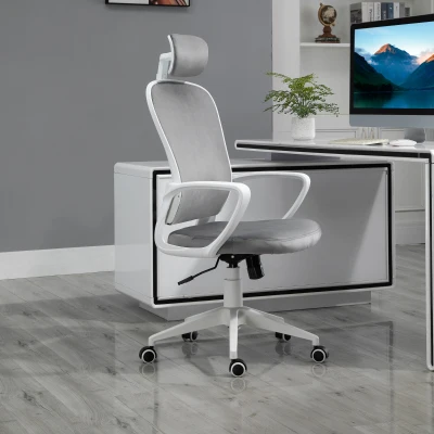 Vinsetto Bürostuhl mit Wippfunktion höhenverstellbarer Computerstuhl ergonomischer Drehstuhl mit Armlehne Kopfstütze Samtoptik 63 x 64 x 118-128 cm Hellgrau