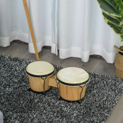 HOMCOM Wooden Bongo Drum Set 7.75" & 7" with Tuning Wrench