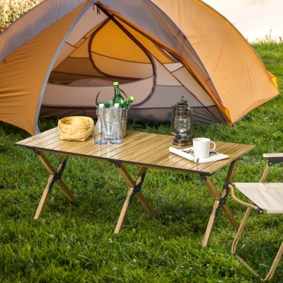 Outsunny Table Camping Pliable Aluminium Bois Naturel