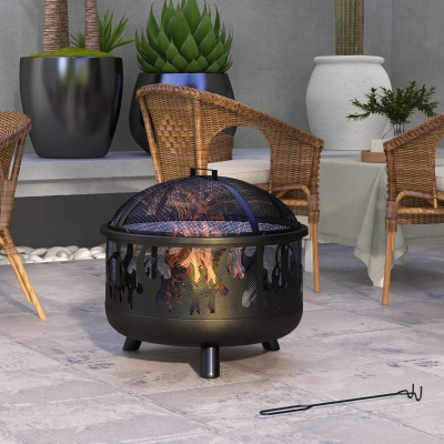 Outsunny Feuerschale Feuerstelle, inkl. Funkenschutz, 1 Schürhaken, Ø61,5 cm x 52 cm, Schwarz