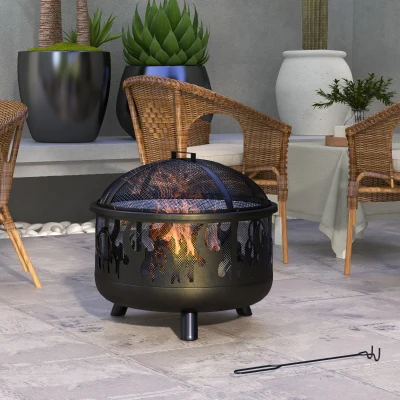 Outsunny Feuerschale Feuerstelle, inkl. Funkenschutz, 1 Schürhaken, Ø61,5 cm x 52 cm, Schwarz