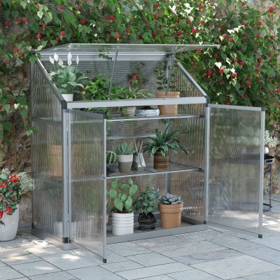 Outsunny Gewächshaus mit Fundamentrahmen, Polycarbonat-Gehäuse, 2 Regalböden, Aluminiumrahmen, 131 x 58 x 139,5 cm